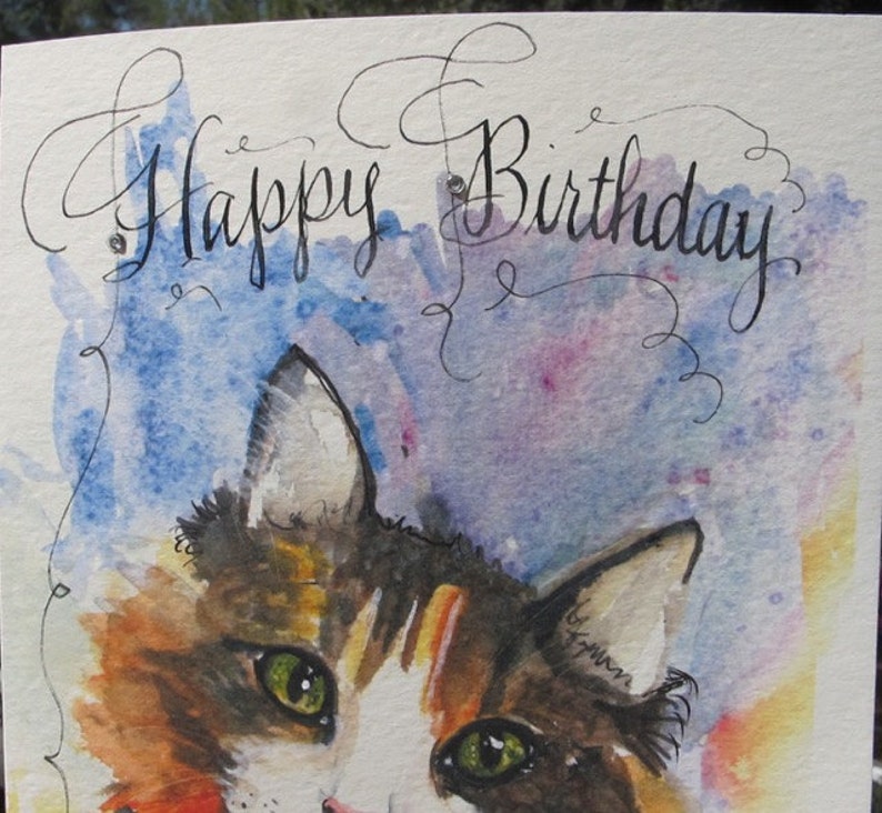 Handmade Calico Cat Happy Birthday Greeting Card Watercolor - Etsy