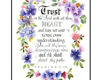 Watercolor Bible Print, Proverbs 5 Scripture Print, Calligraphy Verse with Watercolor Flowers