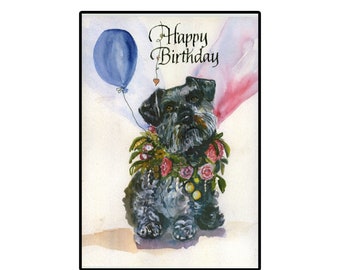 Cute Terrier Greeting Card with Flowers and Balloon