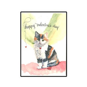 Carte chat calicot Saint Valentin-Carte chat calicot-Carte chat aquarelle Saint-Valentin-Carte pour les amoureux des chats