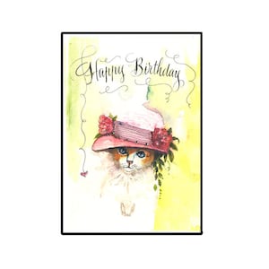 Cat Birthday card, Kitten Birthday Card, Watercolor Cat wearing a hat Card