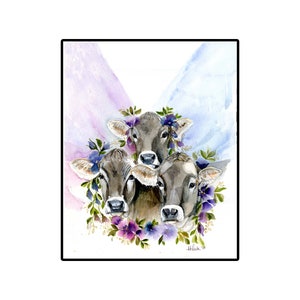 Jersey Cows Watercolor Print: Floral Embellishments, Dairy Farm Art