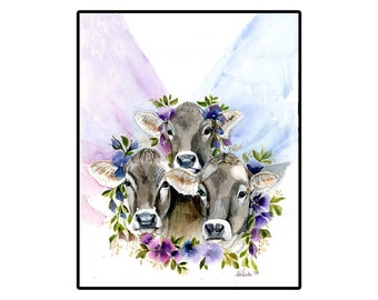 Three Jersey Cows print, Cow Print, Watercolor Cows Print, Dairy Cows