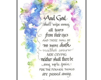 Christian Bible Sympathy Card in Calligraphy and Watercolor, 5x7 Scripture Sympathy