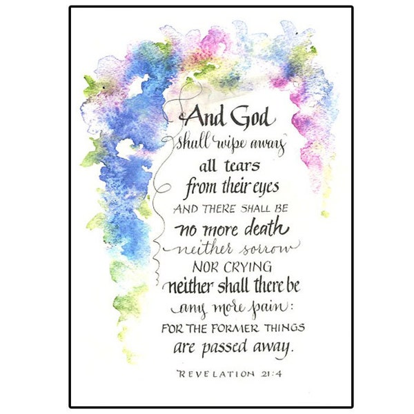 Christian Bible Sympathy Card in Calligraphy and Watercolor, 5x7 Scripture Sympathy