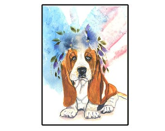 Cute Basset Hound Puppy, Handmade Card with watercolor flowers