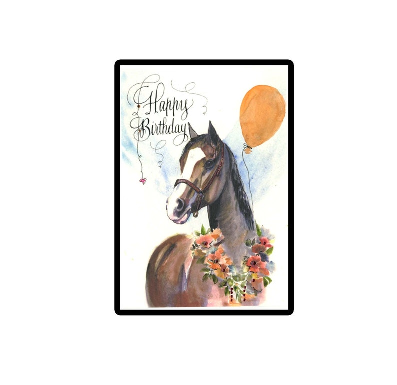 May include: A watercolor painting of a brown and white horse with a floral garland around its neck. The horse is looking to the left and has a brown leather bridle. The background is a light blue watercolor wash with a pink heart and a single orange balloon.