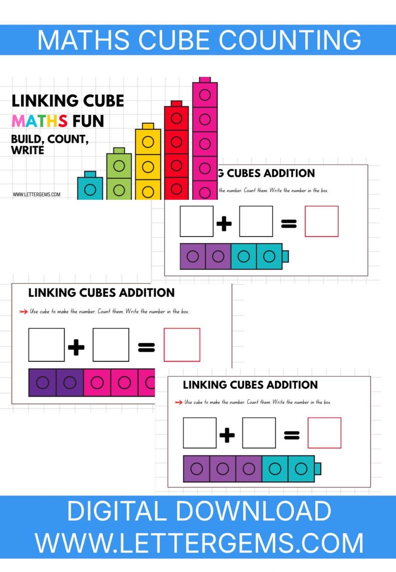 Addition Using Linking Blocks Counting Cube Math Activity Printable - Early Learning Numeracy ...