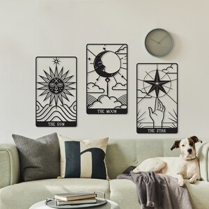Decoração de parede Sol Lua Estrela, Arte de parede de cartas de tarô, Decoração de parede de astrologia, Arte de parede boho exclusiva, Decoração de parede mística, Decoração de parede celestial, Retro