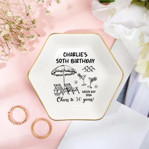 Personalized Birthday Ring Dish – Beach Themed Personalized Gift for Women – Siesta Key Keepsake Tray, Cheers to 50 Years Party Favor
