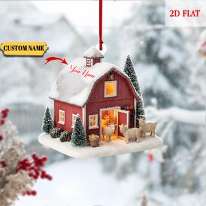 パーソナライズされた羊農場の2Dフラットアクリルオーナメント、羊、雪、素朴なホリデーファームハウススタイルの納屋のクリスマスデコレーション