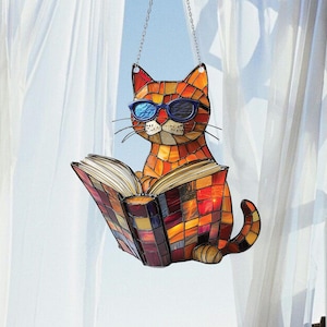 Katzenbuch Ornament, Lesekatze Acrylfensterbehang, Buchliebhaber Geschenk, Katzenliebhaber Geschenk, Bibliothekar Geschenk, Erinnerungskatzengeschenk, Bücherwurm Dekor
