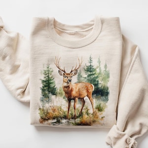 Retro Deer Wilderness Scene Sweatshirt, Buck And Doe Deer Vintage 90s Style Shirt, Boho Animal Wild Sweatshirt, Deer Graphic Shirt
