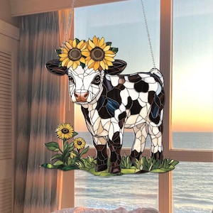 Cow with Sunflower Acrylic Window Hanging, Farm Animal Glass Art, Cute Cow Decor, Sunflower Window Art, Gift for Farm Lovers, Sunflower Gift