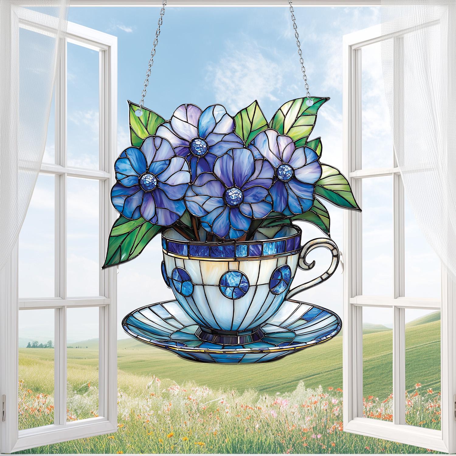 Blue Violet Flower Teacup ACRYLIC Window Hanging, Pansy Tea Cup Decor, Gift For Kitchen Decor, Garden Gift, Gift For Violet Lover, Mom Gift