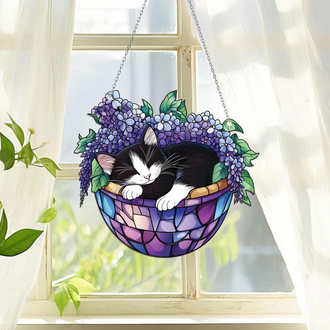 Black Cat Sleeping on Wisteria Basket Acrylic Window Hanging, Wisteria ...