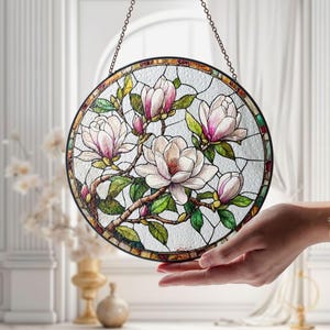 Magnolienblume Buntglas Suncatcher, Elegante Rosa Blüte Fensterkunst, Magnolie Blume Suncatcher, Blumendekor für Frauen, Mom Geschenk