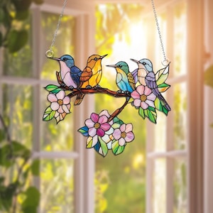 British Birds On Branch Acrylic Window Hanging, Bird lovers gift, Bird Nerds, Flower Spring Art, Blue bird Lover Gift, Anniversary Gift