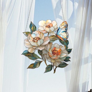 Schmetterling mit Magnolie Acrylfensterbehang, Frühlingsgartendekor, Magnoliendekor, weiße Blumenautoanhänger, Natur inspirierte Wohndekor