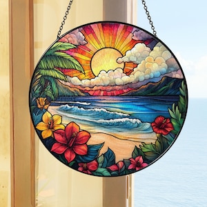 Sunrise On The Beach Stained Glass Suncatcher, Beach Suncatcher, Ocean Sunset Glass Suncatcher, Palm Tree Hibiscus Summer Decor,Coastal Gift