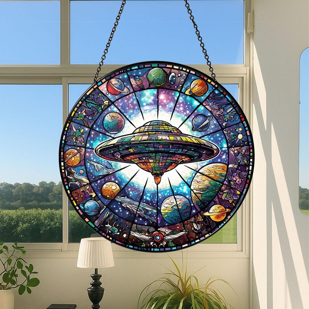 HAOSUM Buntglas-Fensterdeko: UFO-Alien-Sonnenfänger Für Wohnzimmer & Schlafzimmer – Handgefertigt In Grün