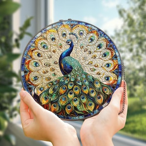 Peacock glas-in-lood zonnevanger, pauw zonnevanger ornament, Thanksgiving cadeau, housewarming cadeau, Peacock minnaar cadeau, vogelvoeder cadeau