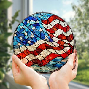 American Flag Stained Glass Suncatcher, Patriotic Window Decor, Rustic USA Theme, Veterans & Military Families, Fourth of July Gift