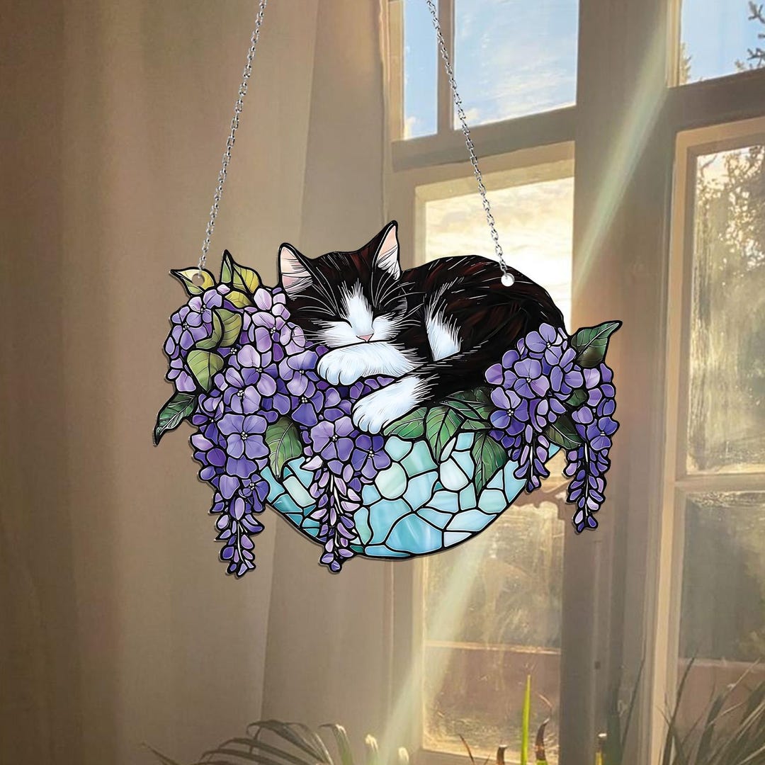 Black Cat Sleeping on Wisteria Basket Ornament, Wisteria Cat Acrylic ...