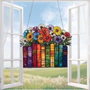 Flower Book Acrylic Window Hanging, Library Book Home Decor, Book Club Lover Gift, Librarian Gift, Bookish Library Decor, Gift For Her