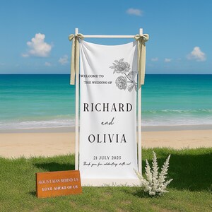 カスタムウェディングウェルカムサイン – 名前と日付入りのエレガントなキャンバスセレモニーバナー – パーソナライズされた屋外ウェディングデコレーション – ブライダルエントランスサイン