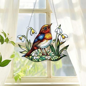 Robin Bird with Snowdrops Acrylic Window Hanging, January Birth Flower Ornament, Spring Bird Home Decor, Autumn Garden Decor, Wildlife Gift