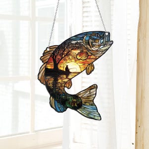 Sonnenuntergang Fischer Acryl Fensterbehang, Springen Bass Ornament, Bass Fisch Silhouette & See Szene Dekor, Natur Geschenk, Geschenk für Angler