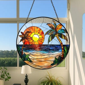 Beach Stained Glass Suncatcher, Colorful Ocean Sunset Glass Window Hanging, Palm Tree Hibiscus Summer Decor, Beach Lover Gift, Coastal Gift