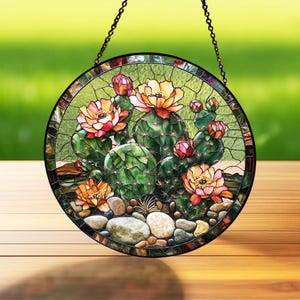 Cactuses in the Desert Stained Glass Suncatcher, Gift for Gardener, Housewarming Gift, Cactus Tree Decor, Plant Lovers Gifts, Garden Decor