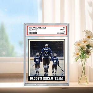 Équipe de rêve de papa de hockey, plaque personnalisée de style carte à collectionner papa homme et enfants n° 1, bloc acrylique personnalisé papa joueur, cadeau pour la fête des pères
