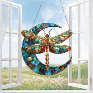 Dragonfly Moon Acrylic Window Hanging, Dragonfly Moon Ornament, Gift for Nature Lovers, Gardener Gift, Mystical Home Decoration, Insect Gift