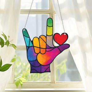 Gebärdensprache Acryl Fensterbehang, Gebärdensprache Geschenk, ASL Geschenk, ASL Lehrer, Amerikanische Gebärdensprache, ASL Lehrer Fenster Dekoration, Handzeichen