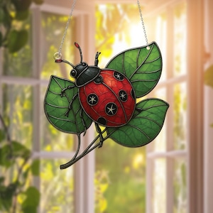 Stunning Ladybug on Leaves Acrylic Window Hanging, Ladybug Ornament, Ladybug Art Decor, Perfect Gift for Ladybug Lovers, Garden Lover Gift