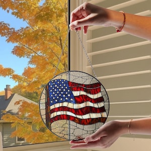 American Flag Stained Glass Suncatcher, Patriotic Window Decor, Rustic USA Theme, Veterans & Military Families, Fourth of July Gift