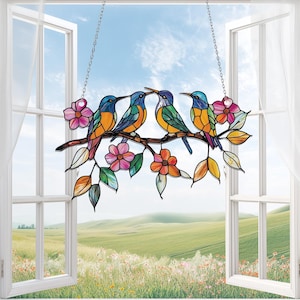 Blue Birds On The Flower Branch Acrylic Window Hanging, Spring Decor for Nature and Bird Lovers, Flower Spring Art, Blue bird Lover Gift