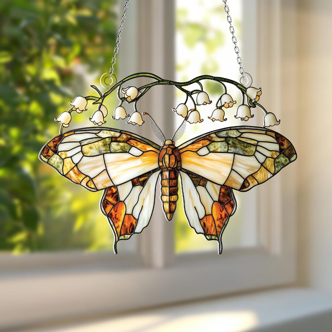 Butterfly & Lily of the Valley Acrylic Window Hanging, Cottagecore ...