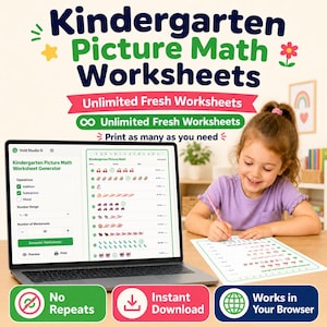 Kindergarten Math Worksheet Generator | Addition Subtraction Printable | Never Repeats | Editable HTML Tool | Homeschool Digital