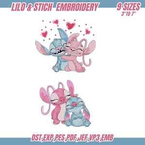 May include: Embroidery design featuring two blue and pink alien characters hugging, surrounded by small pink hearts. Text reads LILO & STICH EMBROIDERY, 9 SIZES 3" TO 7", and file formats DST, EXP, PES, PDF, JEF, VP3, EMB. The characters have large ears.