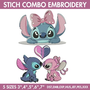 Stitch con ricamo a cuore, file per macchina da ricamo Stitch Lilo, ricamo a cuore con simpatico bambino Stitch, modelli di ricamo digitale