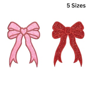 May include: Two decorative bows. One is light pink with a heart-shaped center. The other is red with glitter. The text "5 Sizes" is at the top.