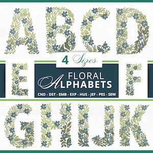A-Z アルファベット刺繍デザイン、花柄アルファベットデザイン、4 サイズの機械刺繍、大文字フォント文字、即時ダウンロード