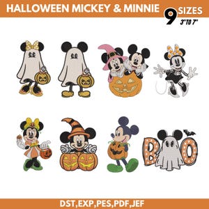 Op de afbeelding: Digitale borduurontwerpen met Halloween Mickey en Minnie Mouse in diverse kostuums, waaronder spoken, pompoenen en skeletten. De tekst luidt HALLOWEEN MICKEY & MINNIE, 9 SIZES 3" TO 7", en DST, EXP, PES, PDF, JEF.