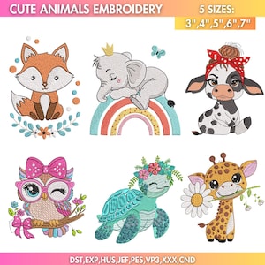 Può includere: Ricamo di simpatici animali: volpe, elefante, mucca, gufo, tartaruga e giraffa. I disegni sono disponibili in 5 misure: 7,6 cm, 10,2 cm, 12,7 cm, 15,2 cm e 17,8 cm. Il testo "CUTE ANIMALS EMBROIDERY" è incluso.