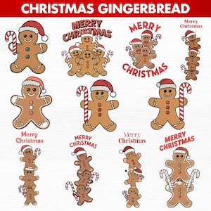 Peut inclure: Plusieurs illustrations d'hommes en pain d'épices pour Noël. Chaque bonhomme porte un bonnet de Père Noël rouge et tient un sucre d'orge. Les mots "Merry Christmas" sont également affichés en rouge.