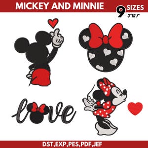 Peut inclure: Ensemble de motifs de broderie Mickey et Minnie en noir, rouge et blanc. Comprend une silhouette faisant un geste de cœur, une tête de Minnie avec des cœurs, le mot love avec des oreilles et un personnage envoyant un baiser. Texte : MICKEY AND MINNIE 9 SIZES 3" TO 7" DST, EXP, PES, PDF, JEF.